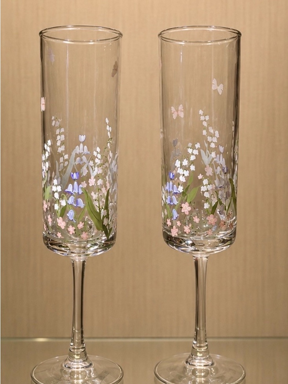 Pair Painted Wildflower Butterfly Champagne Flutes Floral Glasses